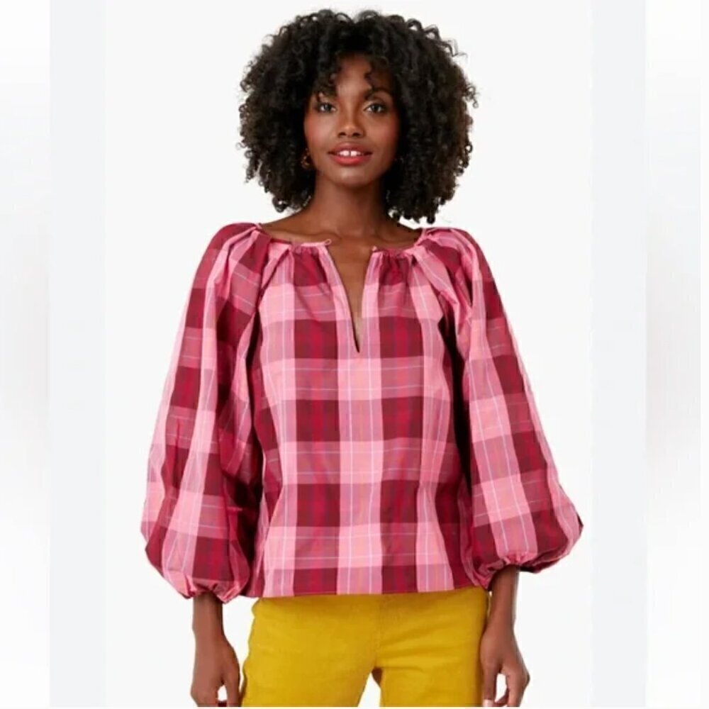 Kate Spade Greenhouse Plaid Top Long Sleeve Pink Red NWT Size Large